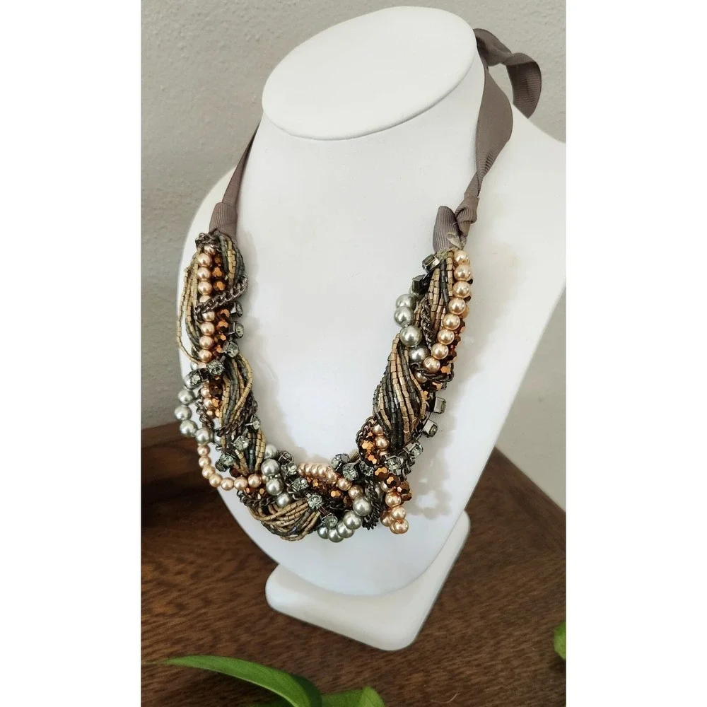 BCBG Chunky Rhinestone Chain‎ Braided Metallic Gold Silver Adjustable Necklace